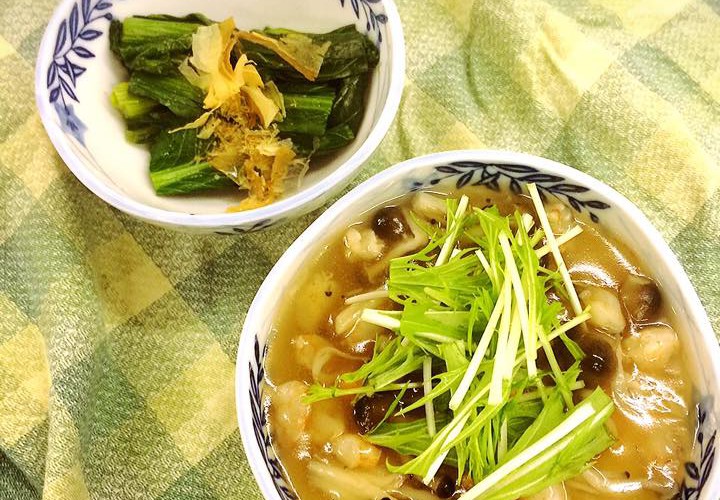 茶碗蒸しの海老あんかけと小松菜のおひたし